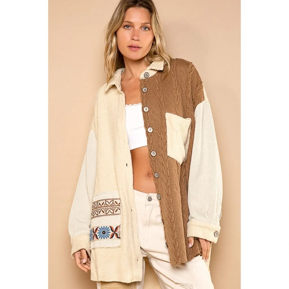 POL Beige Tan Mixed Knit Sweater Shirt | Oversized Luxe Neutral Boho Jacket - Picture 7 of 8